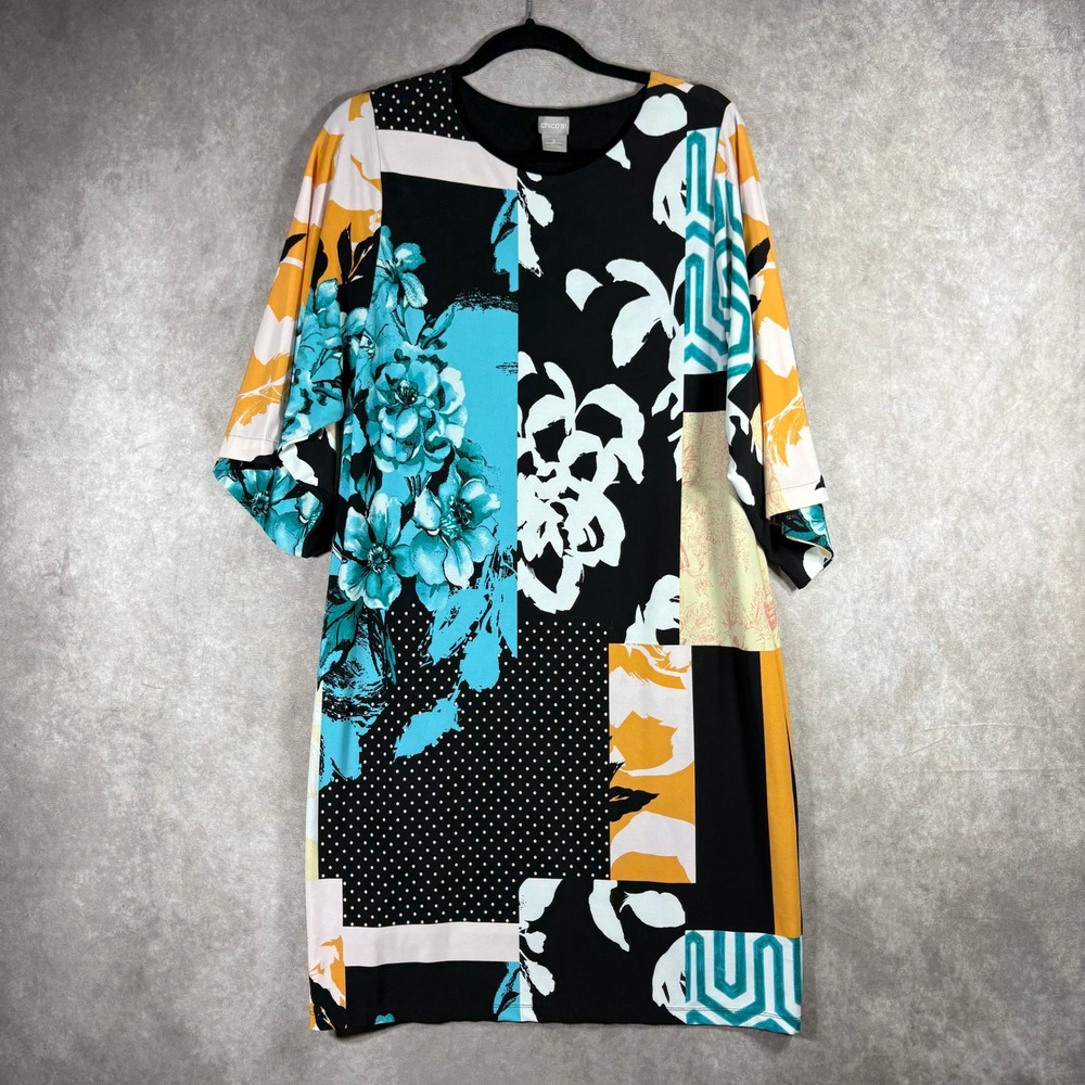 Chico's Dress Womens 2 US 12/14 Multicolor Floral Polka Dot Shift Art To Wear